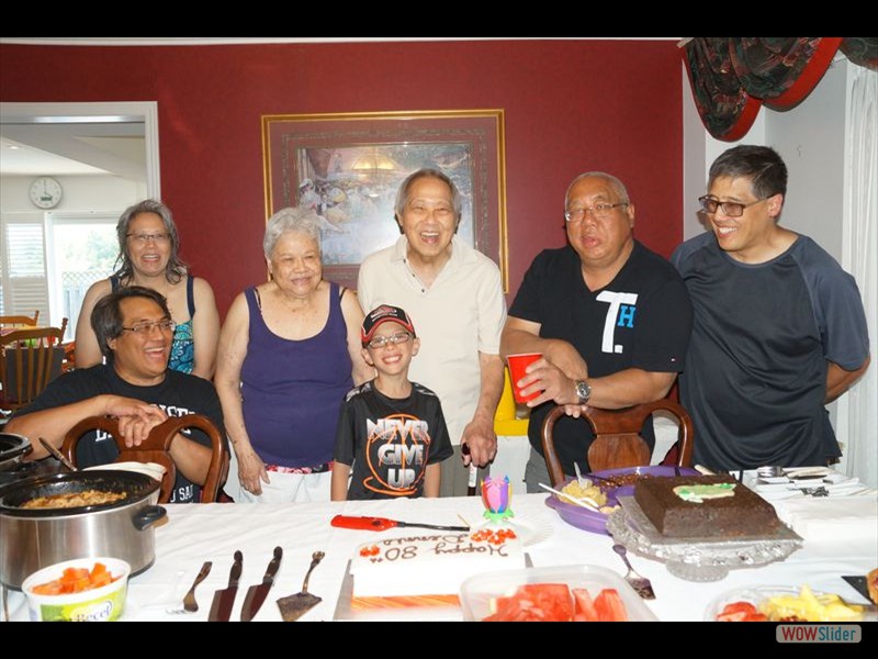 Dennis 80th - Brian, Sheree, Monica, Dennis, Tony, Mike, Connor with Cake