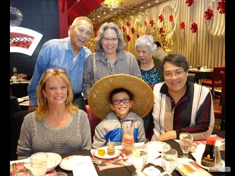 Gail, Dennis, Sheree, Monica, Brian, Connor with Birthday Hat