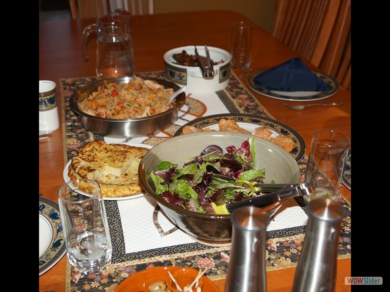 Chicken Paella, Korean Ribs, Spanish Torta, Trout and Garden Salad