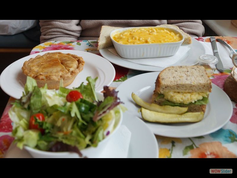 Chicken Pot Pie, Garden Salad, Macaroni and Cheese and Egg Salad Sandwich.JPG