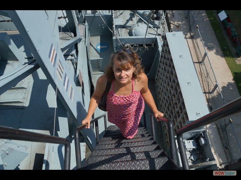 HMCS Haida in Hamilton - Rhonda Going Up the Stairs