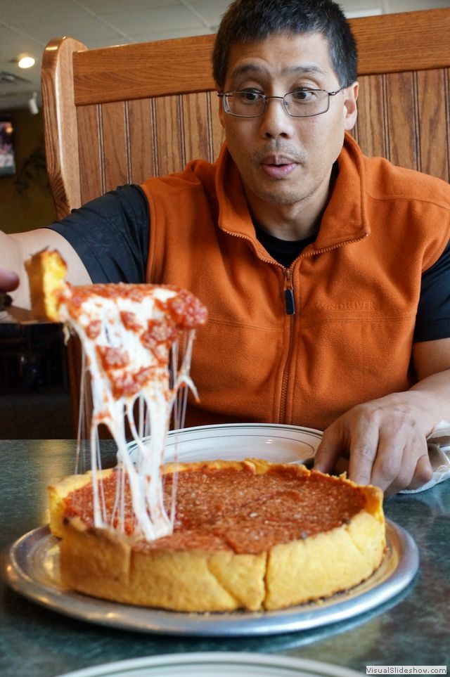 Mike Surpised by the Cheesy Beggars Deep Dish Slice